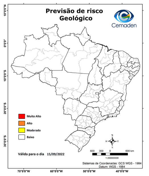 É baixa ⬇️a previsão de riscos de inundações, enxurradas e deslizamentos, nesta quinta (15), em todo o Brasil. Detalhes: gov.br/cemaden/pt-br/… Fonte: @CEMADEN