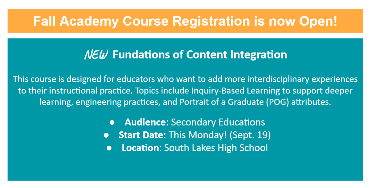 STEAM is offering a NEW Academy Course in @FCPSRegion1 . Come join us at @southlakeshs and increase your knowledge of integrated instructional practices.