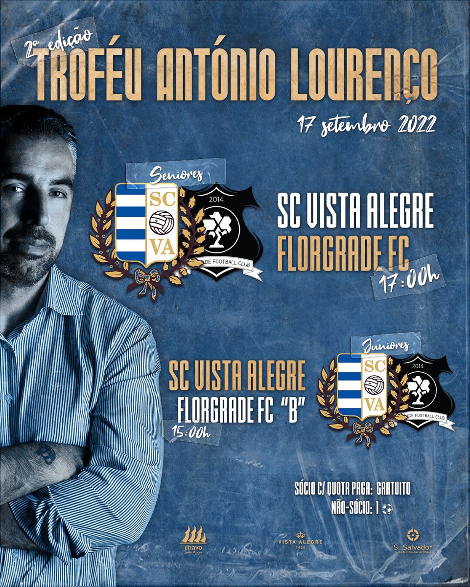 SCVistaAlegre's tweet image. TROFÉU ANTÓNIO LOURENÇO | Jogos de Apresentação 2022-2023

𝟭𝟳 𝙙𝙚 𝙨𝙚𝙩𝙚𝙢𝙗𝙧𝙤 𝟮𝟬𝟮𝟮 - 𝙎𝙖́𝙗𝙖𝙙𝙤

▪️ 15:00h - JUNIORES 🆚 Florgrade FC "B"
▪️ 17:00h - SENIORES 🆚 Florgrade FC

🎫 Sócios com quota regularizada: entrada gratuita
🎫 Não-sócios: 1 bola

⚪️🔵
#Crescemos