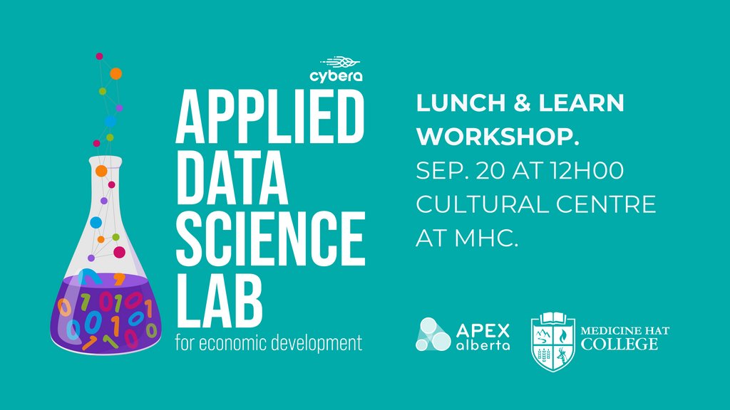 Interested in learning how to apply data science for your business? #MHC &amp; <a href="/APEX_Southeast/">APEX RIN Southeast Alberta</a> are hosting a Lunch &amp; Learn with <a href="/cybera/">Cybera</a> to help prepare you to use data science to improve decision-making &amp; increase sales. 

Register here: l8r.it/5dXr

#medhat