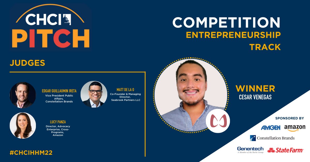 CHCI's tweet photo. Congratulations to our 2022 Pitch Competition winners.

The CHCI pitch competition consisted of three different tracks. Each winner received $5,000 toward their business.

Thank you to our judges and our sponsors @Amgen, @amazon, @cbrands, @genentech and @StateFarm.

#CHCIHHM22 https://t.co/zw2beA4ZD8