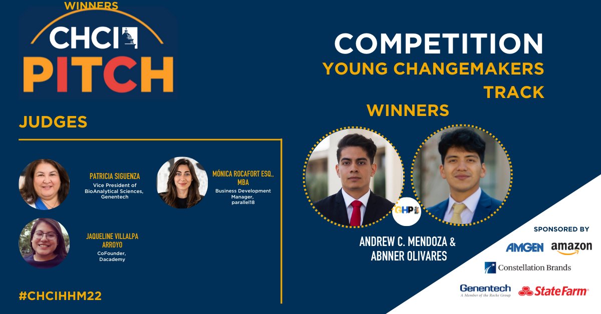 CHCI's tweet photo. Congratulations to our 2022 Pitch Competition winners.

The CHCI pitch competition consisted of three different tracks. Each winner received $5,000 toward their business.

Thank you to our judges and our sponsors @Amgen, @amazon, @cbrands, @genentech and @StateFarm.

#CHCIHHM22 https://t.co/zw2beA4ZD8