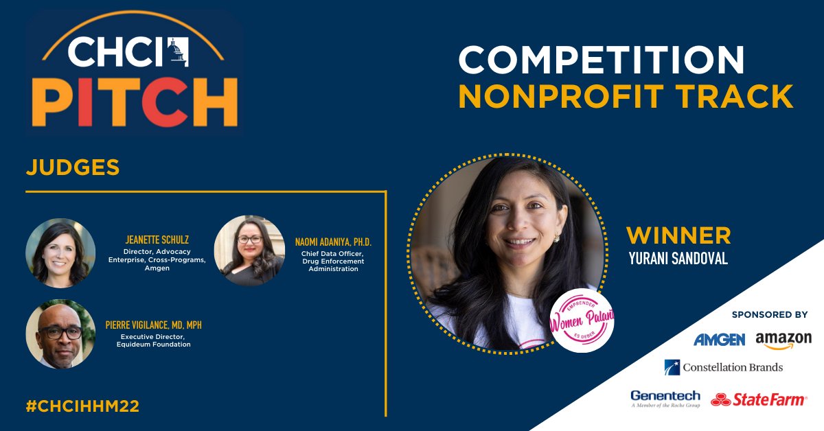 CHCI's tweet photo. Congratulations to our 2022 Pitch Competition winners.

The CHCI pitch competition consisted of three different tracks. Each winner received $5,000 toward their business.

Thank you to our judges and our sponsors @Amgen, @amazon, @cbrands, @genentech and @StateFarm.

#CHCIHHM22 https://t.co/zw2beA4ZD8