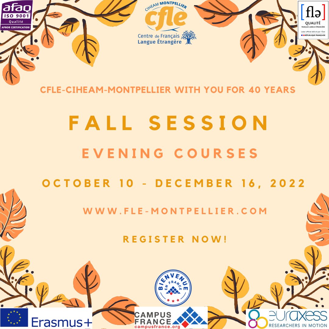 CIHEAMIAMM's tweet photo. Back to learn French! 🇫🇷
Our next Automn evening courses are scheduled from October 10 to December 16, 2022.
For information and registration:
⏩ https://t.co/WZRXmbLVQP
#cours #eveningcourses #français #Montpellier #France #Occitanie #LearnFrench #Frenchcourses #ApprendreFr https://t.co/VkA9OVy6I6