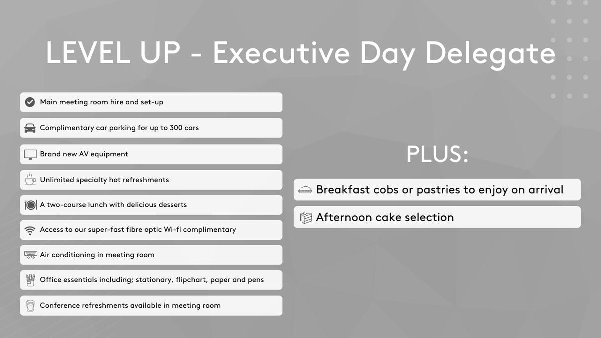 Level Up ⬆️

On limited days between September and December, get everything you would usually have in our standard Day Delegate Rate PLUS, breakfast cobs or pastries on arrival AND afternoon cakes.

Get in touch to book!

#derbyconferencecentre #Derby #DCC #DerbyEvents
