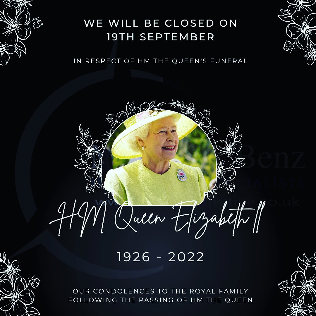 tecautomotive's tweet photo. Our condolences to the Royal Family on the passing of Her Majesty The Queen Elizabeth II 1926 – 2022.

TEC Automotive will be closed on Monday 19th September 2022 - the date of Her Majesty Queen Elizabeth II’s State Funeral, re-opening on Tuesday 20th September

#Queenelizabeth https://t.co/VRNMvCaSKV