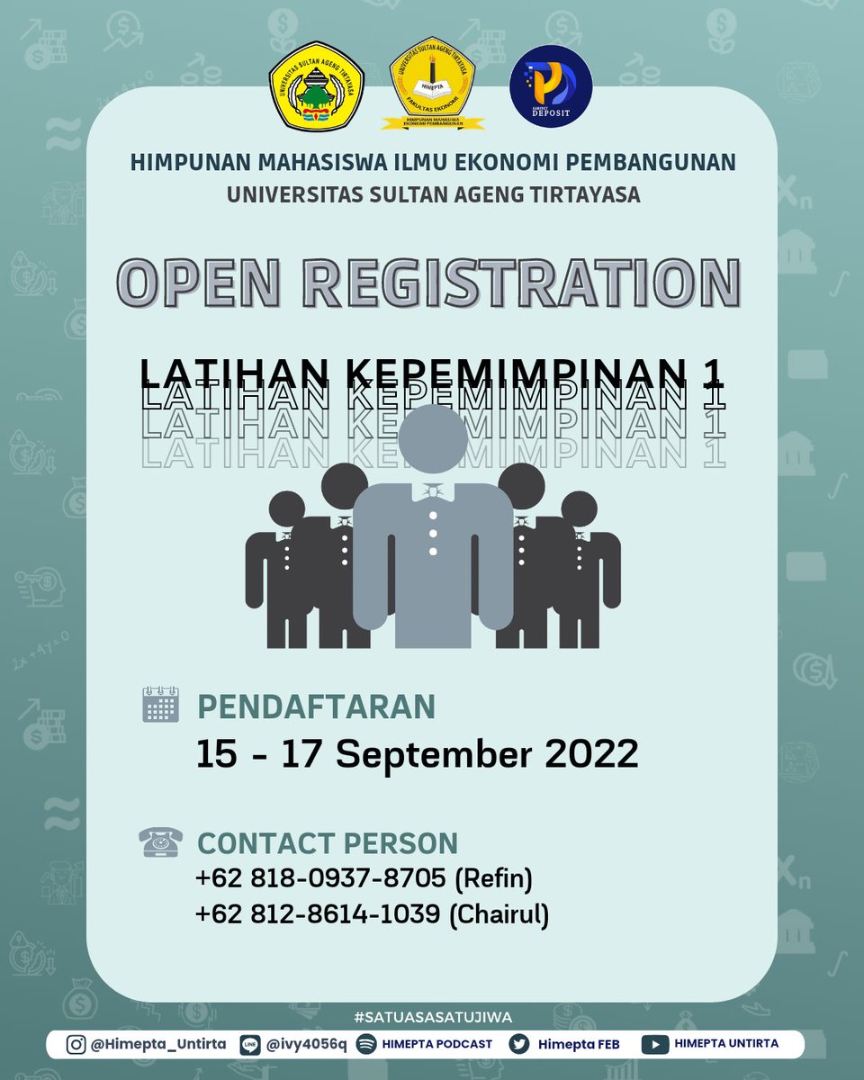 HimeptaFEB's tweet photo. [INFO PENDAFTARAN LATIHAN KEPEMIMPINAN 1 2022]

Hallo Sobat Ekbang!🙌🏻🙌🏻
.
Untuk kalian Mahasiswa Jurusan Ilmu Ekonomi Pembangunan, HIMEPTA telah membuka pendaftaran untuk LATIHAN KEPEMIMPINAN 1 😉👏🏻
. https://t.co/oETAyyEo4c