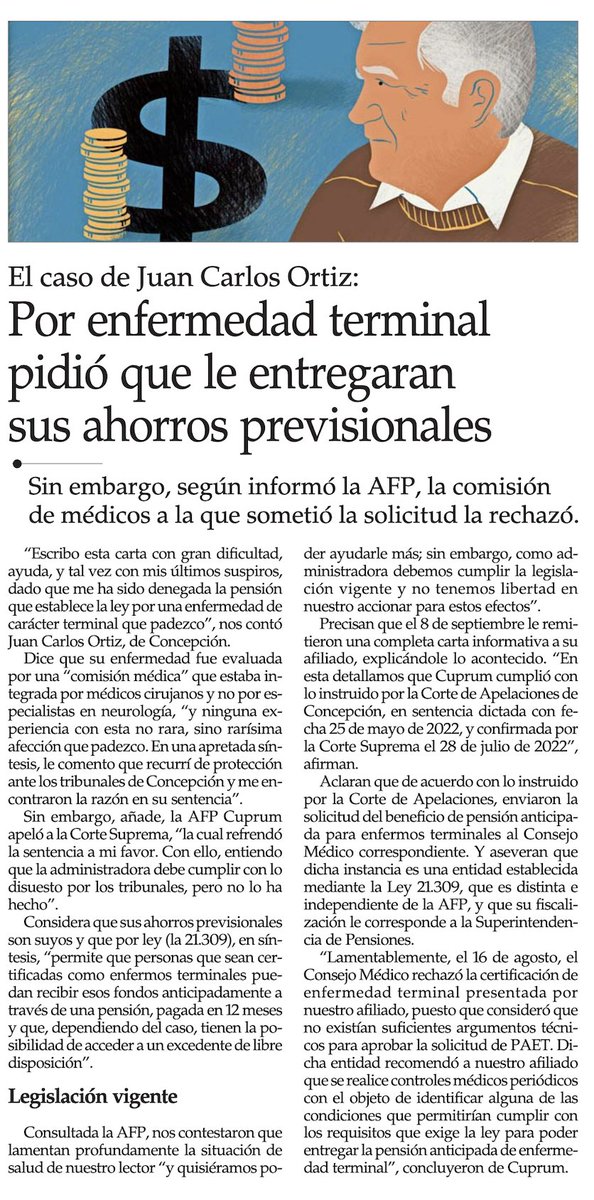 🗞 Por enfermedad terminal pidió que le entregaran sus ahorros previsionales. (@ElMercurio_cl)