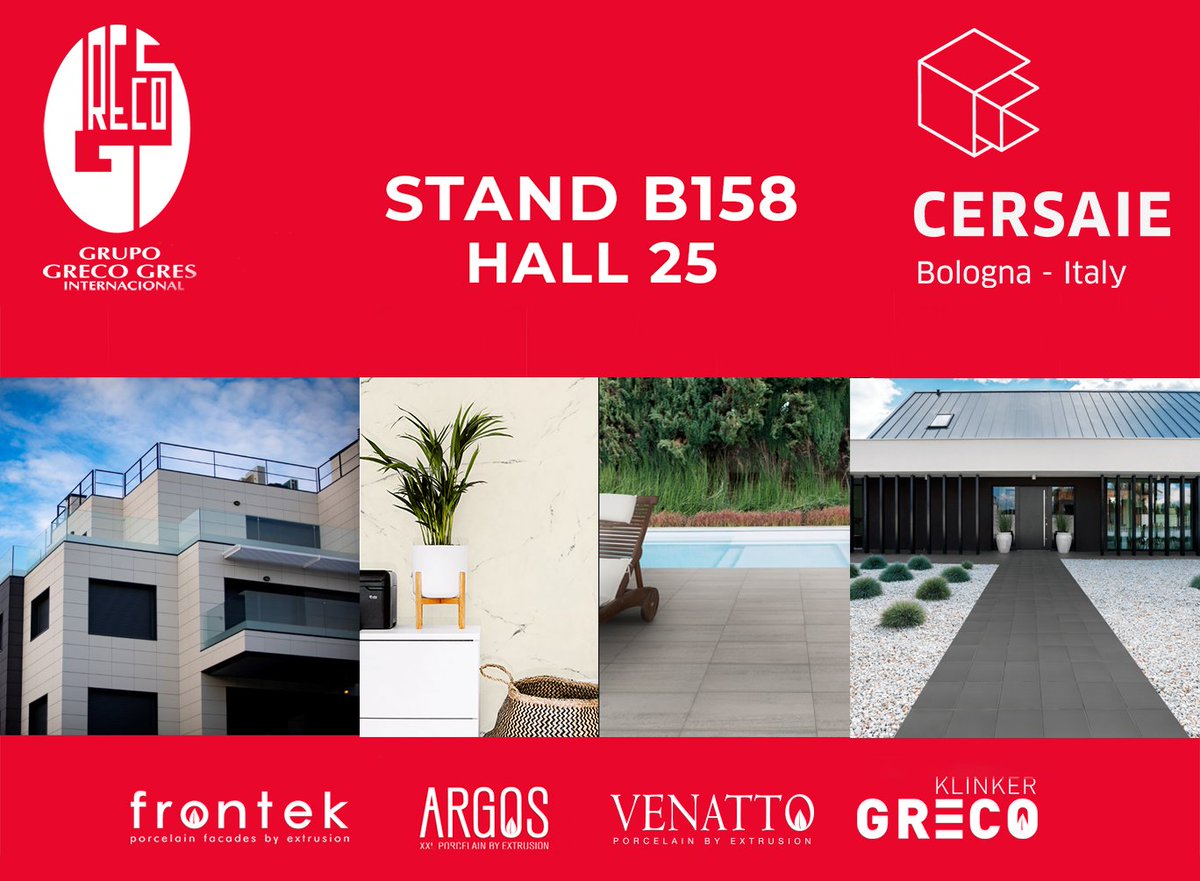 GrupoGrecoGres's tweet photo. Tenemos un montón de novedades preparadas para Cersaie 2022
Ven a vernos a nuestro stand B158 y conócelas todas.
¡Te esperamos!
#porcelánico #fachadaventilada #PorcelainByExtrusion #Frontek #argos #venatto #klinker #GrecoGres #Cersaie2022 https://t.co/wOxBCkWbrk