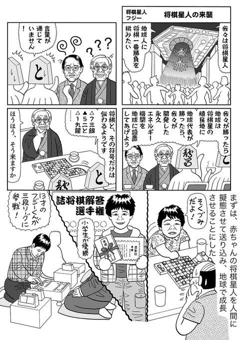 『うああな人々』は私のデビュー作である『気分は形而上』のように、4コマ漫画でいろんなシリーズを同時並行的に連載内連載するという方式を採ってきました。その中の「将棋星人フジー」シリーズをご紹介します。 