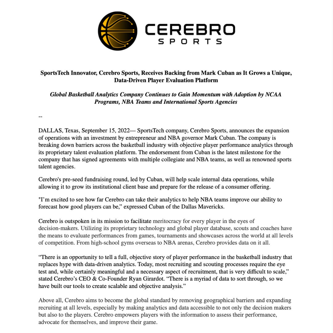 CerebroSports's tweet photo. SportsTech Innovator, Cerebro Sports, Receives Backing from Mark Cuban as It Grows a Unique, Data-Driven Player Evaluation Platform.

Global Basketball Analytics Company Continues to Gain Momentum with Adoption by NCAA Programs, NBA Teams and International Sports Agencies. https://t.co/5nG6r61RHA