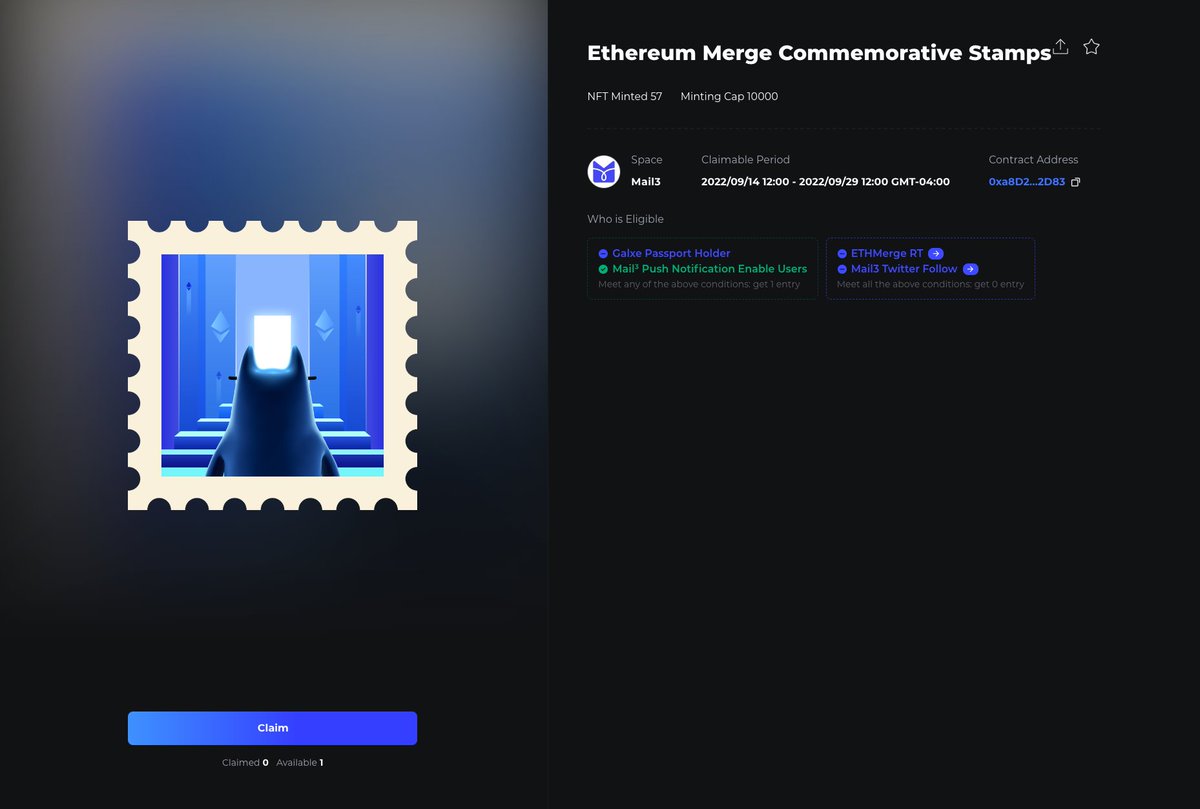 🎉 To commemorate the #ETHMerge, we are giving away commemorative stamps to the #Mail3 community and #GalxePassport holders.

✨ Claim: bit.ly/3LixIx1

🥰 All GalxePassport holders can apply for a free Mail3 account and claim a special NFT👉bit.ly/3BCiwHI #Mail3