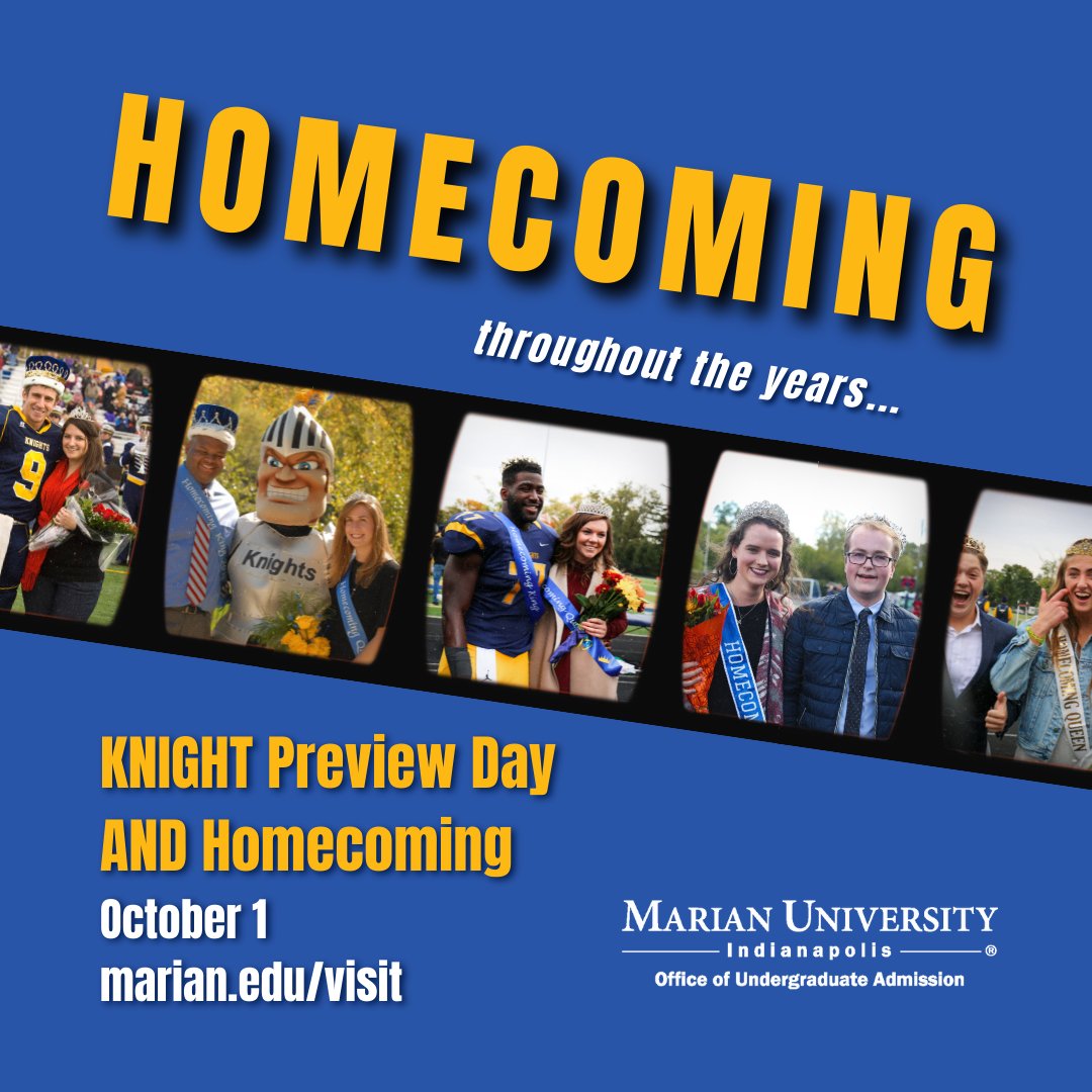 TWO WEEKS FROM TODAY!

Marian University is so excited to welcome everyone home in just two weeks from today for Homecoming Weekend! We can't wait to see all of our alumni at the homecoming game, but we also want to see prospective students at our KNIGHT Preview Day!

#GoKnights