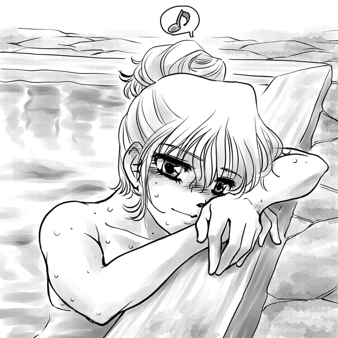 昨日、久しぶりに海岸に面した露天風呂を満喫。 平日だったので人も少なくて良かった😊  ミナも何か良い事があったんでしょうね。温泉に浸かりながら思い出してるみたいです😄  #デジタルイラスト #お仕事依頼受付中 #オリジナルキャラクター #オリジナル漫画 #クリスタ #ポニーテール女子 #入浴女子