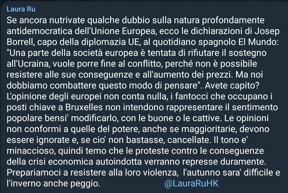 MarceVann's tweet photo. #Borrell: "Parte della società europea vorrebbe rifiutare il sostegno all'Ucraina, ponendo fine al conflitto. Ma noi dobbiamo combattere questo modo di pensare". 

Avete capito? Le opinioni non conformi a quelle del potere devono essere ignorate e cancellate.

[Via #LauraRu] https://t.co/3wDGJJgVXR