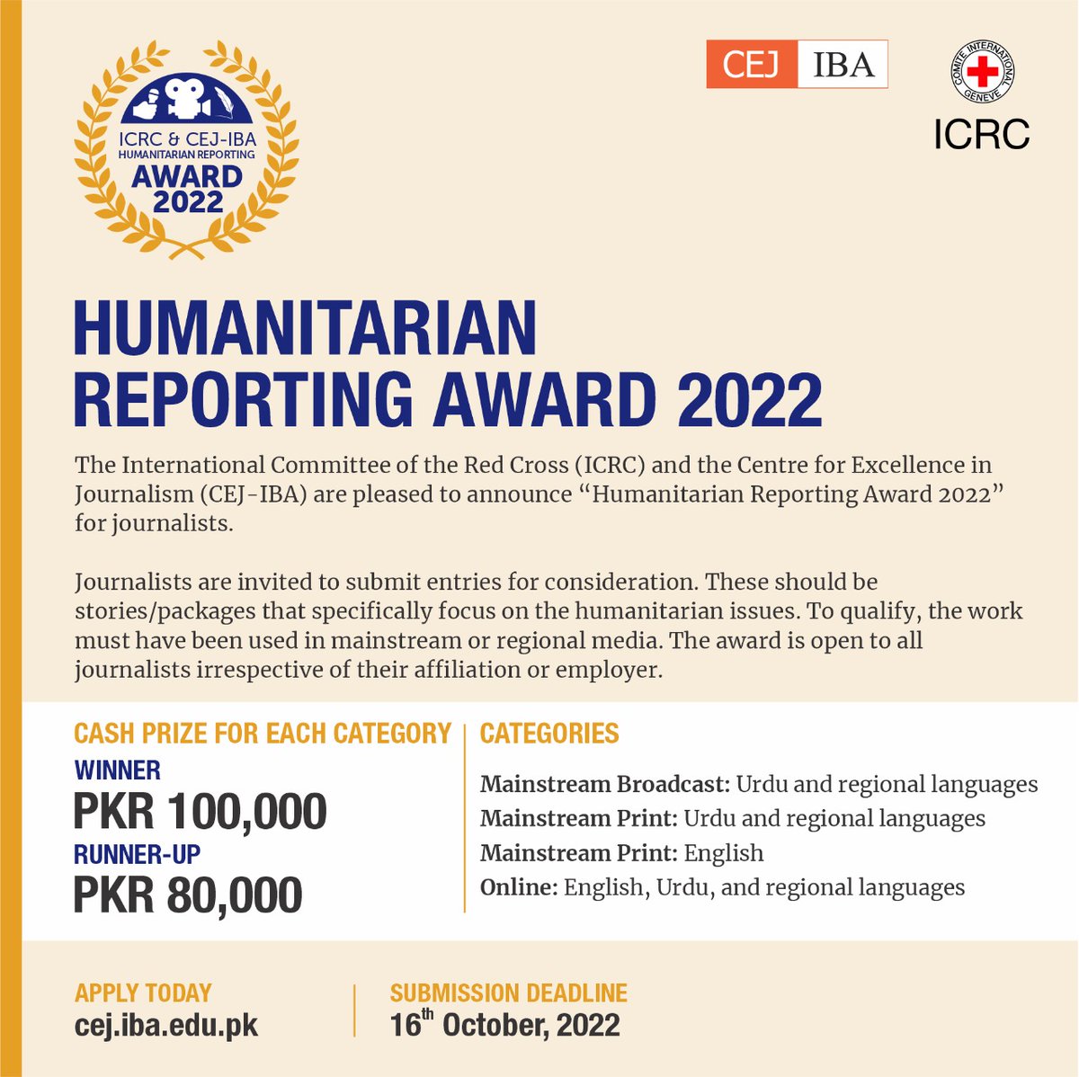 CEJatIBA's tweet photo. CEJ is excited to announce that applications for the 2022 Humanitarian Reporting Award are now open!   

Follow the link to apply: https://t.co/oBPJqSNlX7

Deadline: October 16, 2022

#atCEJ #humanitarianreporting #IBAkarachi #CEJawards #journalism #ethicaljournalism https://t.co/sCqVLoh9vp