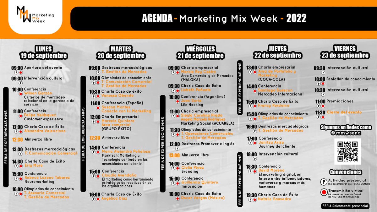 mmwsena's tweet photo. Aquí está nuestra agenda de la semana del mercadeo; revisa las fechas y horarios de nuestras actividades y participa.
Recuerda MMW del 19 al 23 de septiembre del 2022.
#MarketingMixWeek
#MMWSENA
#MMW
#SENA https://t.co/CNPw11hw2N
