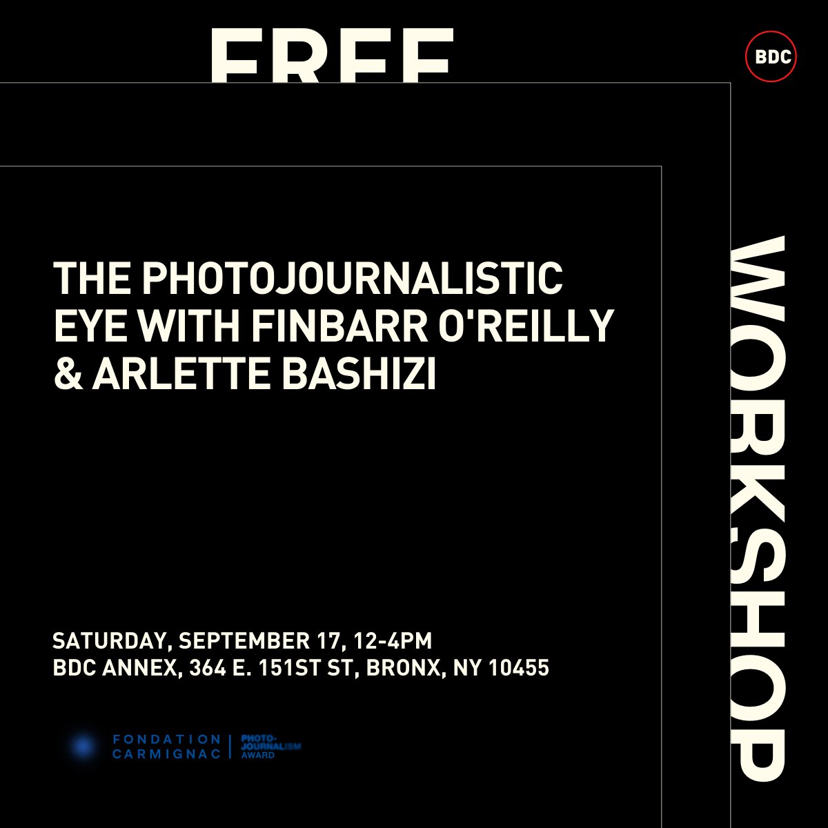 followbdc's tweet photo. Sat, 9/17, 12-4PM
Join the BDC for a free workshop with visual journalist @finbarroreilly &amp; photographer @ArletteBashizi as they introduce photographers to the fundamentals of photojournalism. No RSVP required.  
📍: BDC Annex, 364 E. 151st St, Bx
https://t.co/MGy75nB7Ua https://t.co/D0fpRPWmk8