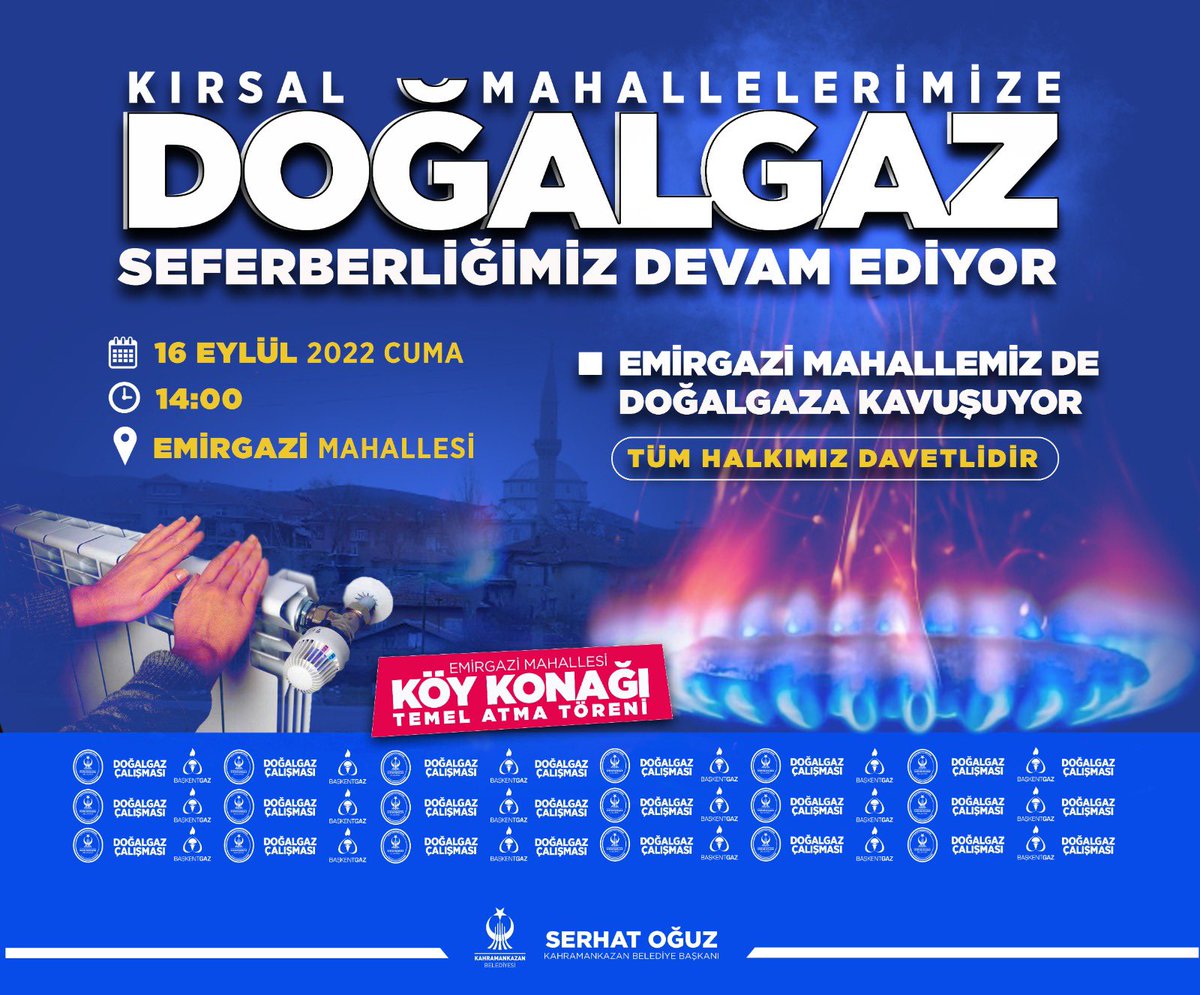 Kırsal Mahallelerimize Doğalgaz Seferberliğimiz Devam Ediyor... 

Emirgazi Mahallemizi de Doğalgaz ile buluşturuyoruz. 

📅 16 Eylül Cuma (yarın)
🕑14:00
📍Emirgazi Mahallesi

Doğalgaz boru indirme ve Köy Konağı temel atma programımıza tüm halkımız davetlidir.