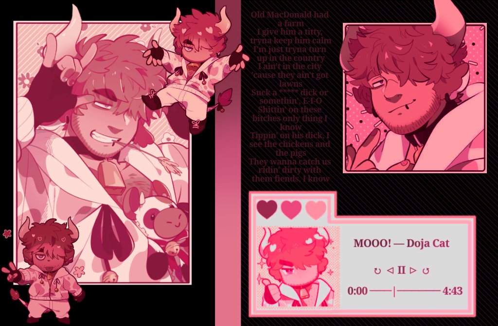 𝐕𝐈𝐂❗

      𝐘𝐎𝐔𝐑 𝐁𝐈𝐆 𝐓𝐈𝐓𝐓𝐄𝐃 𝐂𝐎𝐖 𝐁𝐅 .

      ❁ 𝑝𝑖𝑛𝑘 𝑑𝑖𝑙𝑓 !
      ❁ 𝑠𝑢𝑏𝑚𝑖𝑠𝑠𝑖𝑣𝑒 𝑏𝑜𝑡𝑡𝑜𝑚 .⚣︎
      ❁ 𝑙𝑖𝑡𝑒𝑟𝑎𝑡𝑒/𝑚𝑖𝑟𝑟𝑜𝑟 𝑟𝑒𝑝𝑙𝑖𝑒𝑠 .

artist ; @.Moosopp