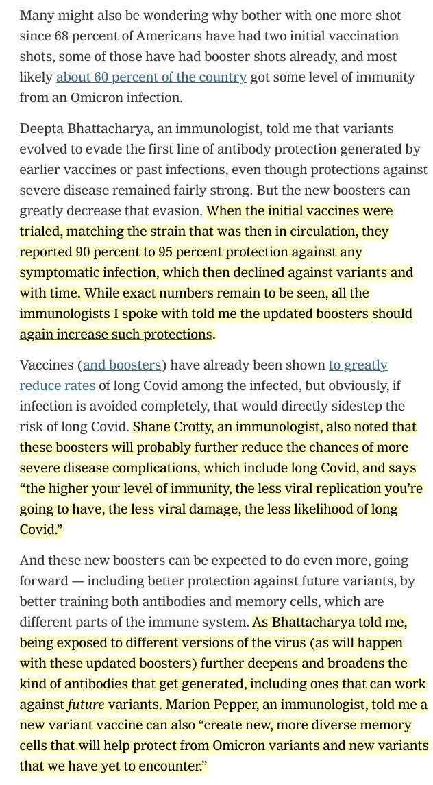 New: immunologists on why the new boosters are great for now and the future—even against Long Covid.

Do we really need a booster, many said last year. Only ~30% of the US got one. More boostered Canada had 80% fewer deaths from Omicron.

Let's not repeat.
nytimes.com/2022/09/15/opi…