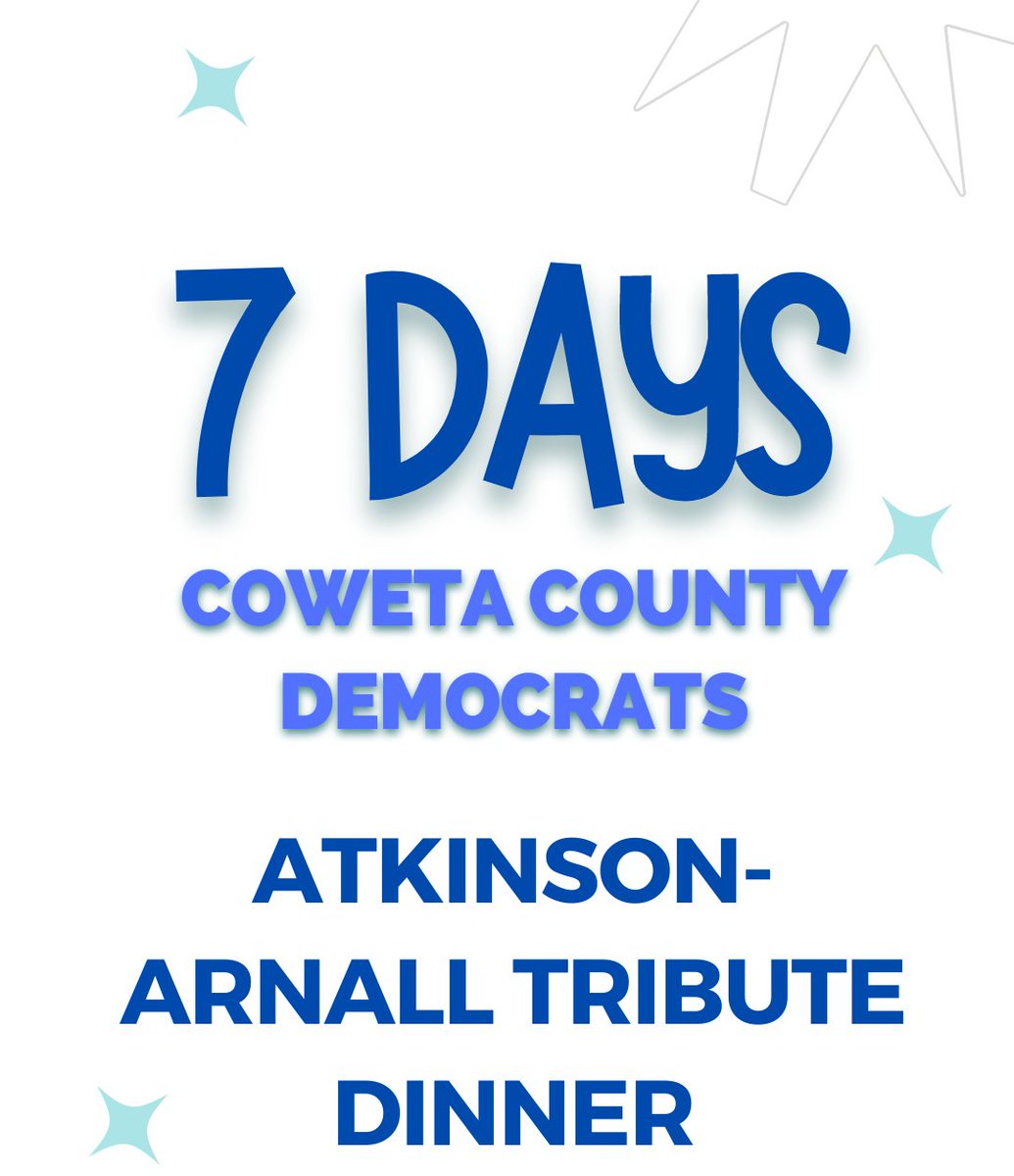 cowetadems's tweet photo. Do you have your tickets yet? Only 7 until the the Atkinson-Arnall Dinner.  Buy tickets here: https://t.co/HiUPEvuI6H
#votedemocrat
#cowetademocrats
#tributedinner https://t.co/jSpLEwGnrY