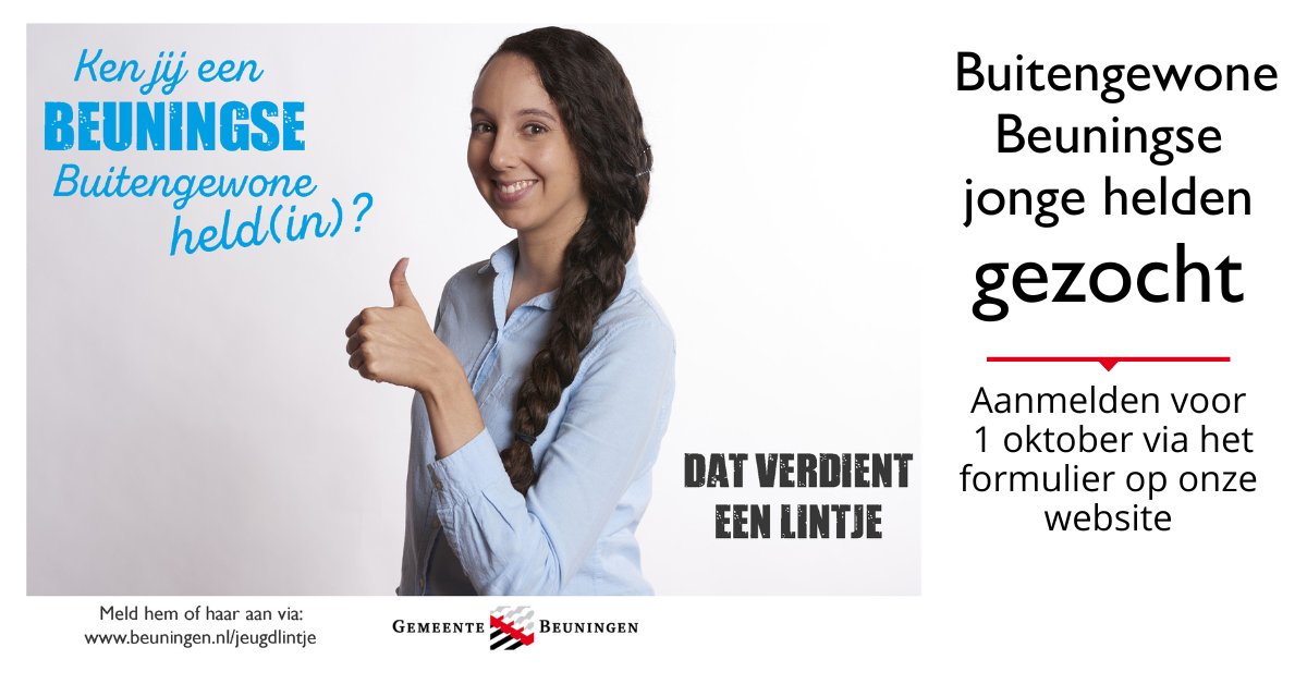 Ken jij een jonge held uit de gemeente Beuningen die iets bijzonders heeft gedaan of een goed initiatief nam? Meld deze held, voor 1 oktober, aan voor een jeugdlintje! Lees de voorwaarden en meld aan: bit.ly/3S7upuQ #jeugdlintje #Beuningen #jongehelden