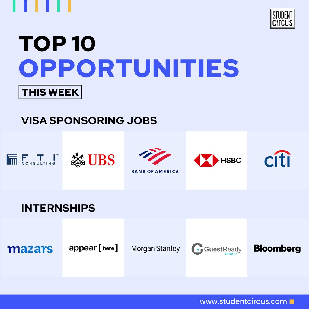 StudentCircus's tweet photo. ✨We are sharing with you the top 5 visa sponsoring jobs and internships roles for this week✨
👩💻You can find & apply to the roles by simply visiting https://t.co/5Kzn21oHt4
#studentcircus #InternationalAtWork #jobs #jobsearch https://t.co/y7FTIbUvAf