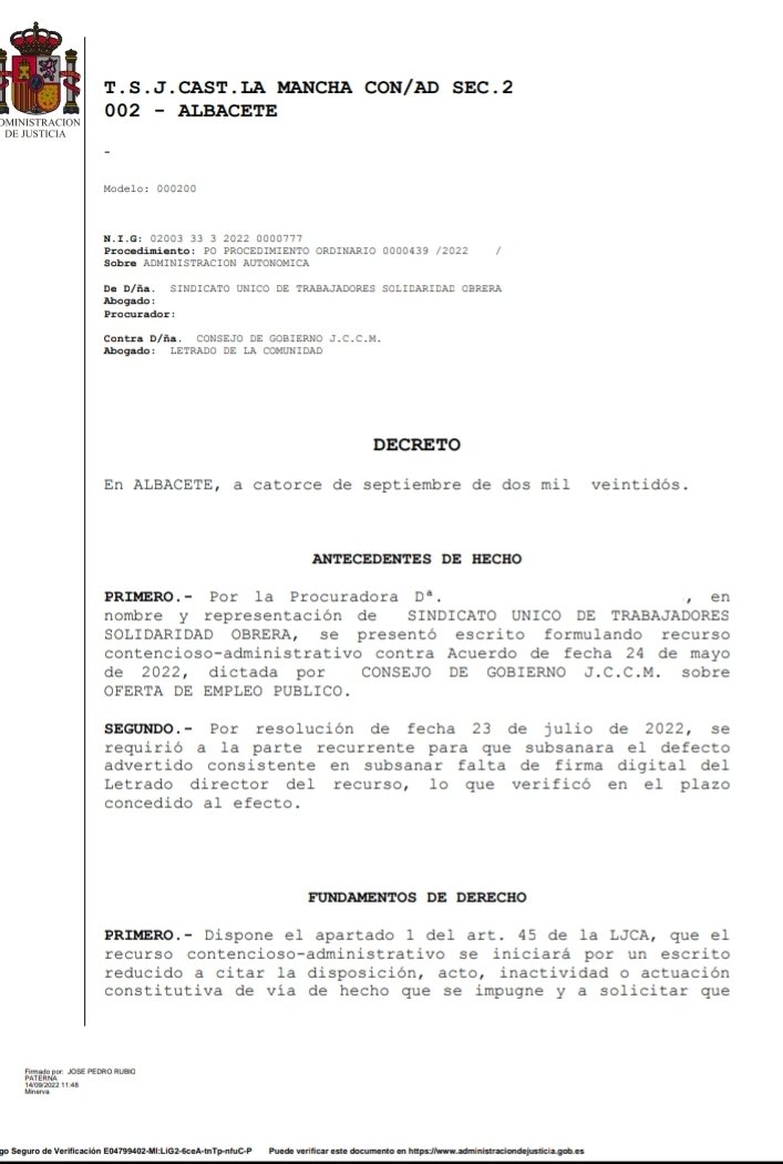 SoliObSescam's tweet photo. 📢 Admitido a trámite el recurso contencioso-administrativo interpuesto por este sindicato contra OPE 2022 #Sescam!

👏 SEGUIMOS COMPAÑER@S EN LA LUCHA POR NUESTROS PUESTOS DE TRABAJO!

@ahoraclm @ObjetivoCLM @CiudadNoticiasE @24clm @CMM_noticias @DiariodeCLM
@DiarioSanitari0 https://t.co/QFoFpV9Rt0
