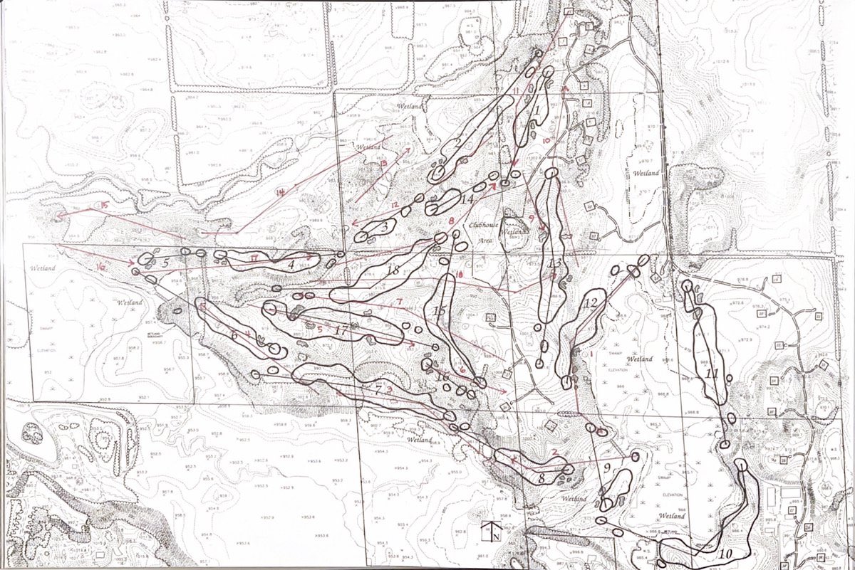 bogeytrains's tweet photo. This is fascinating-

Here’s a map of Tom Doak's unused routing of Erin Hills, with the final Fry/Hurdzan routing overlaid in red.

Lots of interesting differences and similarities (THREAD): https://t.co/eHtdmwehhq