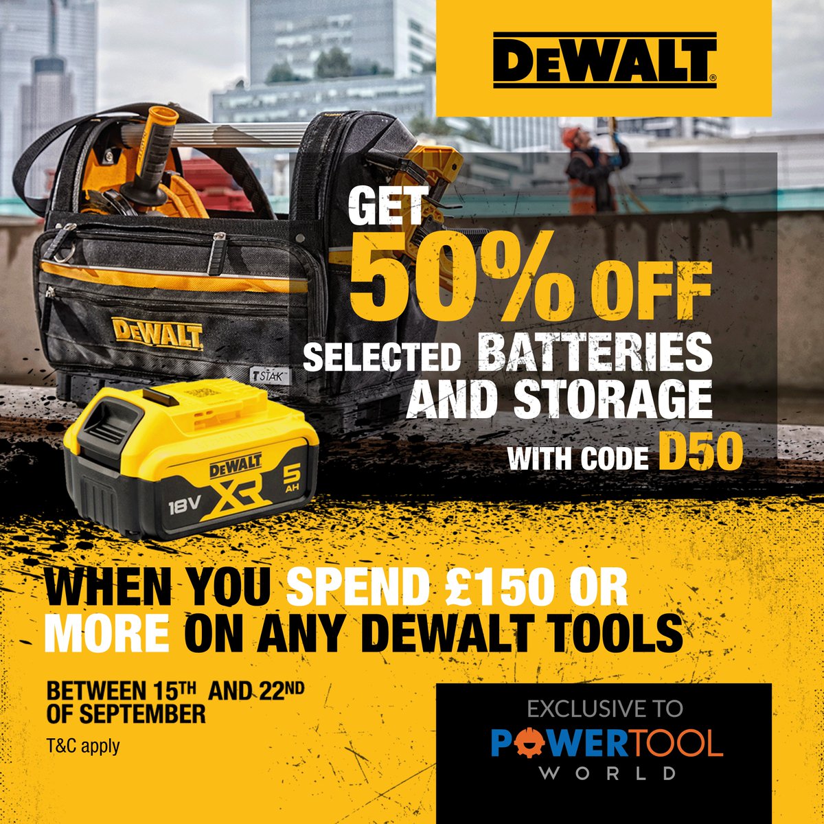 🚨 DEWALT 50% OFF SELECTED BATTERIES AND STORAGE 🚨

We are running an exclusive DeWalt promotion for one week only! 

Spend £150 (inc VAT) or more on DeWalt Tools with us this week and get 50% OFF selected batteries and storage! 🔥 

Code: D50

SHOP NOW⬇️
bit.ly/DEWALTD50T