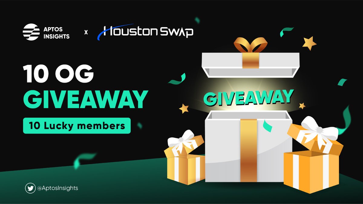 Welcome our partnership <a href="/AptosInsights/">Aptos Insights 🌐🖤🤍</a> &amp; <a href="/houston_swap/">HoustonSwap</a>.

We are giving away 10OG to 10 lucky winners 🥰

To win👇
1️⃣ Follow <a href="/AptosInsights/">Aptos Insights 🌐🖤🤍</a> &amp; <a href="/houston_swap/">HoustonSwap</a>
2️⃣ Like &amp; Retweet this tweet
3️⃣ Tag 3 friends

Thank you and good luck! 👍 
#Aptos #HoustonSwap #Giveaway