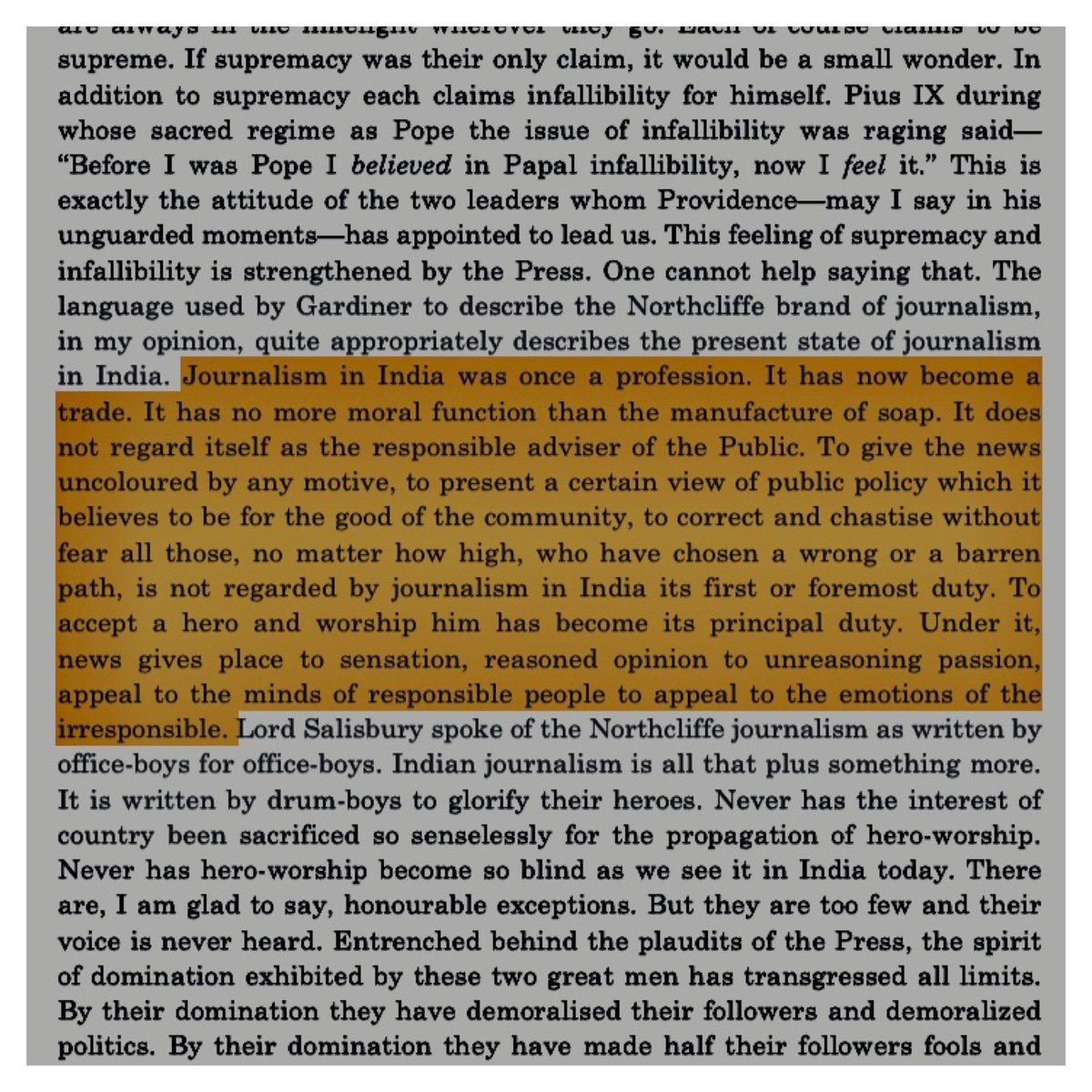 imVivekSh's tweet photo. Journalism in India was once a profession. It has now become a trade.

It has no more moral function than the manufacture of soap. It does not regard itself as the responsible adviser of the Public.

(BAWS, Vol. 1, P. 227) https://t.co/ORypXbLvHx