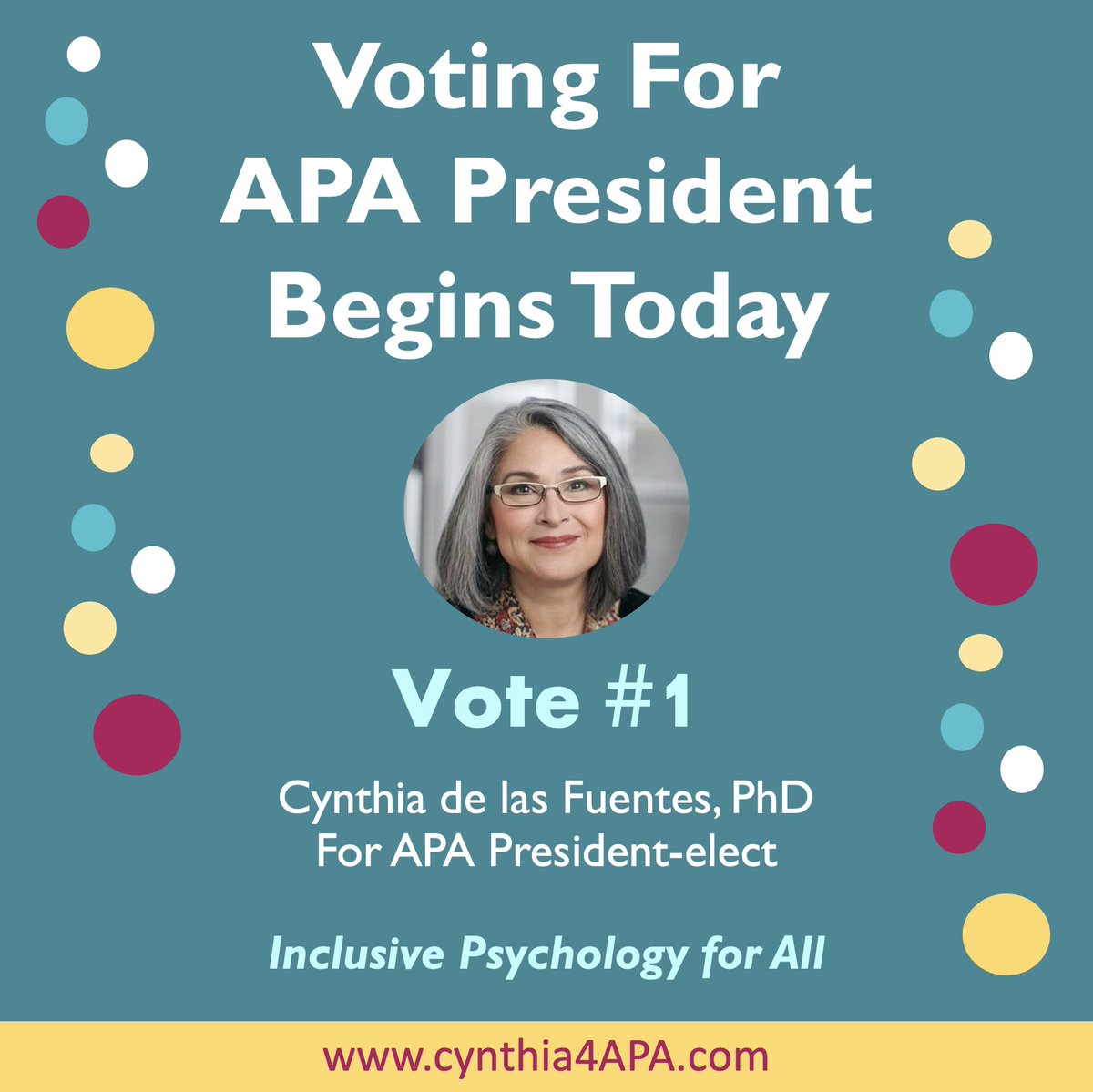 Cynthia4APA's tweet photo. #VotingThursday for #Cynthia4APA
It’s meaningful that voting begins today, Sept 15th, on the first day of #LatinxHeritageMonth.
Proud to follow in the footsteps of
Dr. Vasquez @melvasquez and Dr. Puente @AEPuentePhD as the next Latinx President of @APA. Cast your vote today!🗳 https://t.co/iusJj4INge