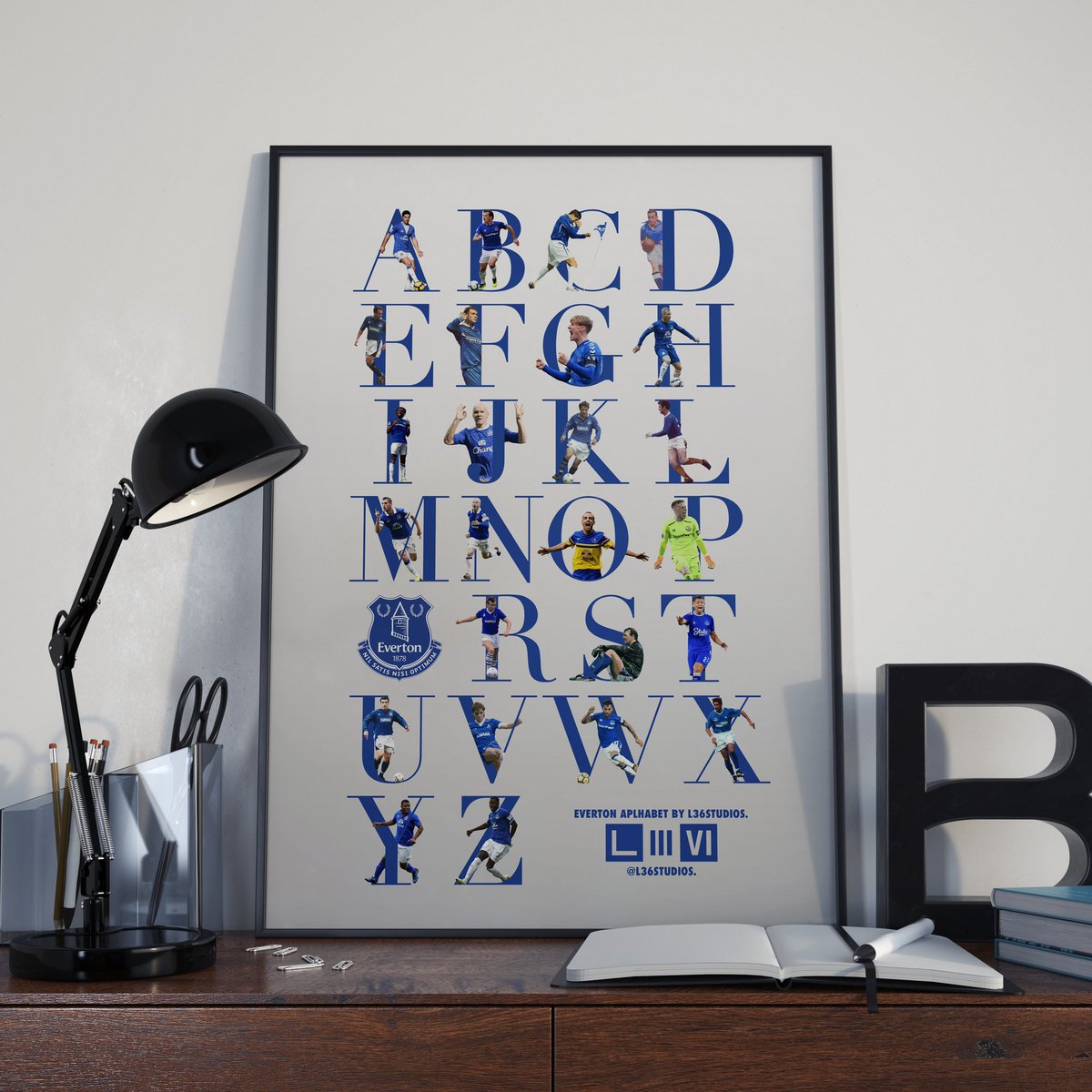 L36Studios's tweet photo. NEW PRINT ALERT! The Everton A-Z (Minus Q). £15 printed and framed, simply drop us a DM to order! Can be also personalised with players of choice! https://t.co/pXI6j8Oh4f