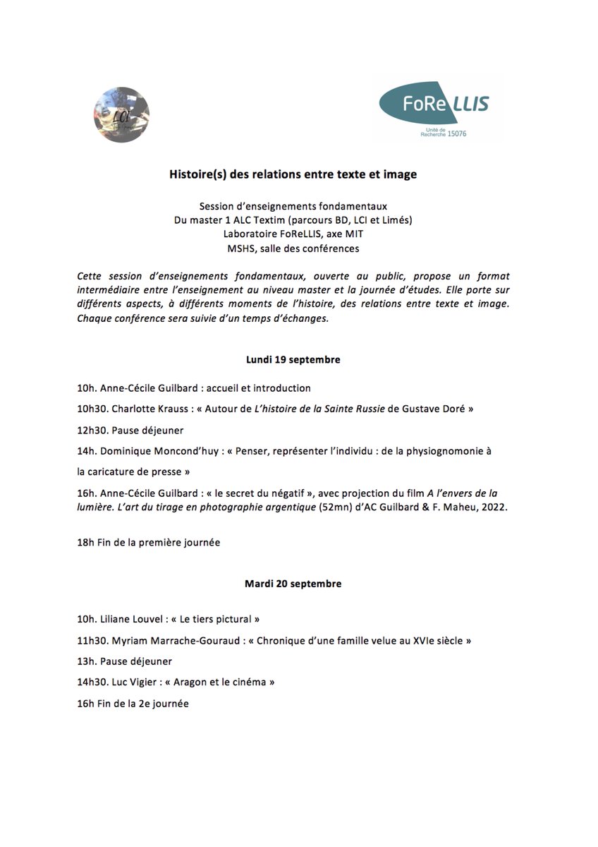 La session d'enseignements fondamentaux "Histoire(s) des relations entre texte et image" du M1 ALC Textim se tiendra les 19 et 20 septembre à la MSHS. 
Le programme 👇