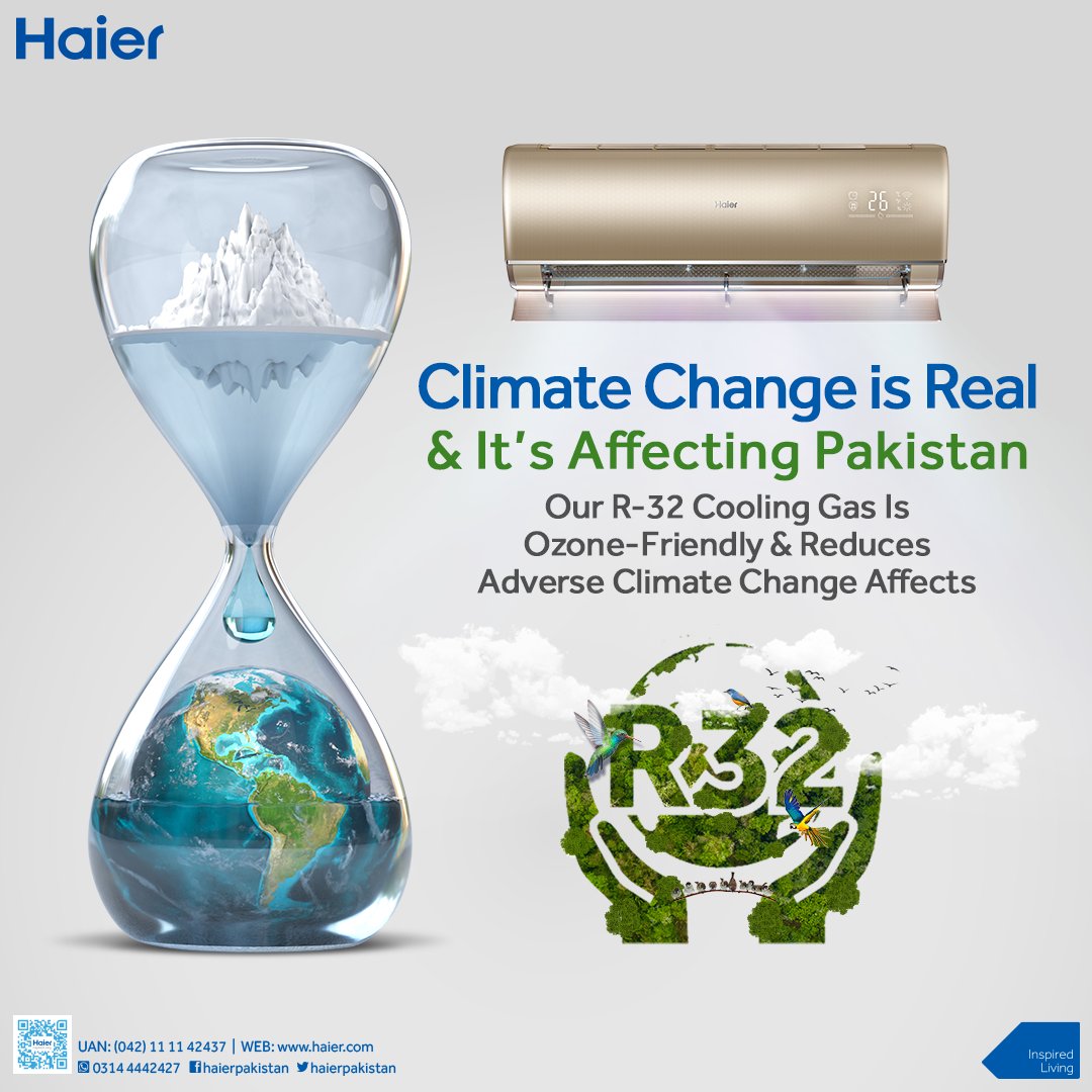 HaierPakistan's tweet photo. Climate change is causing adverse impact on Pakistan in the form of heavy rains, floods, droughts and glacier-melting. To reverse the effects of climate change, smart and eco-friendly choices can make a big difference and a positive impact on our lives.
#Haier #R32Gas https://t.co/puUqSOdzsi
