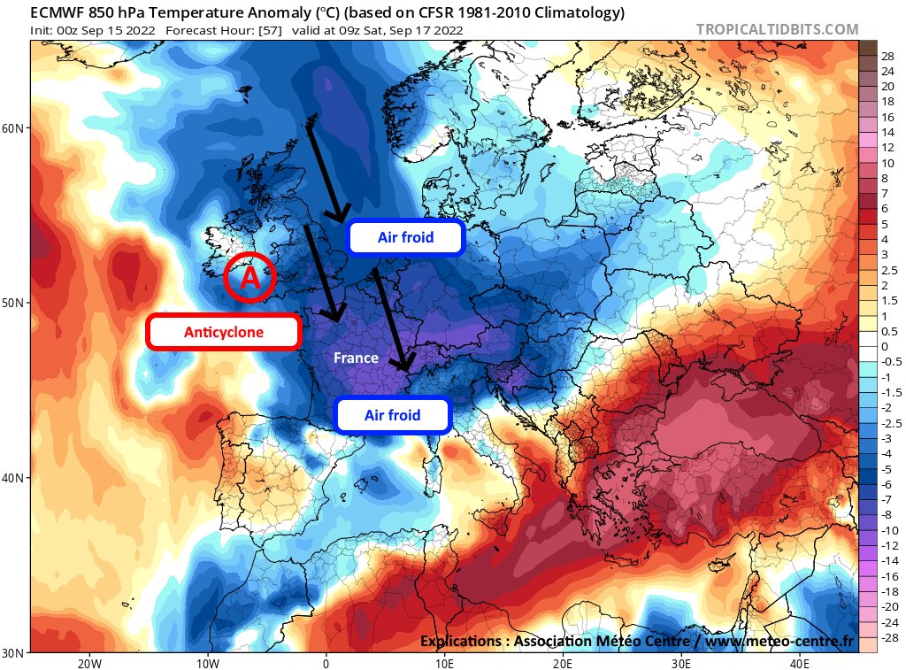 AssoMeteoCVDL's tweet photo. [Info météo] Ces prochains jours, un anticyclone s’érigera sur l’Atlantique Nord &amp; se centrera petit à petit entre l’Irlande/l’Ouest de la France : son emplacement positionnera notre pays sous un flux de Nord/Nord-Ouest avec l'advection d'une importante masse d'air froid 🥶. 1/5 https://t.co/Lom30CqErF