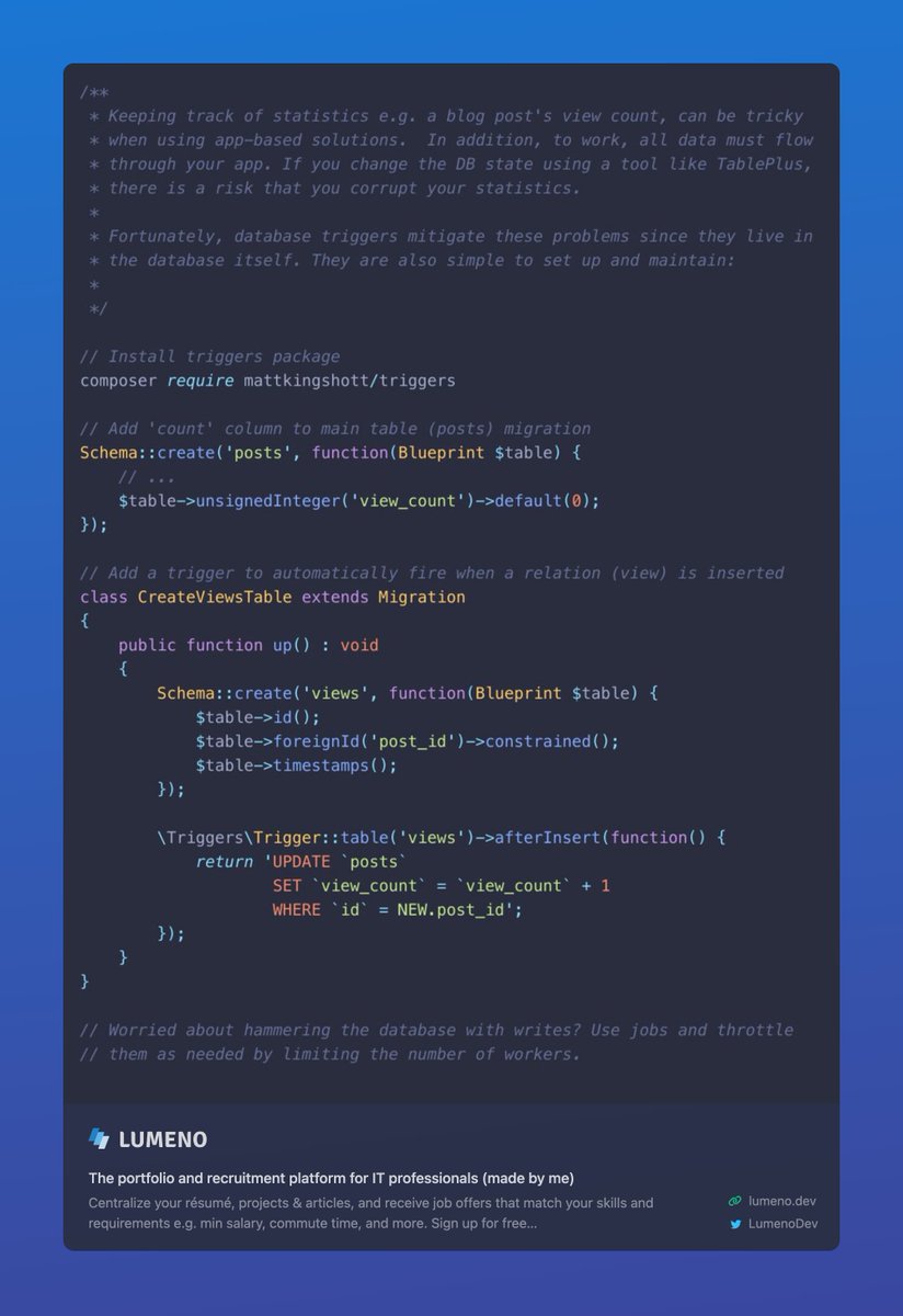 mattkingshott's tweet photo. 🔥 #Laravel Tip: Maintaining statistics on your database tables is fairly easy to do with triggers. You can then avoid costly DB queries to aggregate the data.

Note: You can also use ‘afterDelete’ to decrement the count. https://t.co/SB3lSzFUED