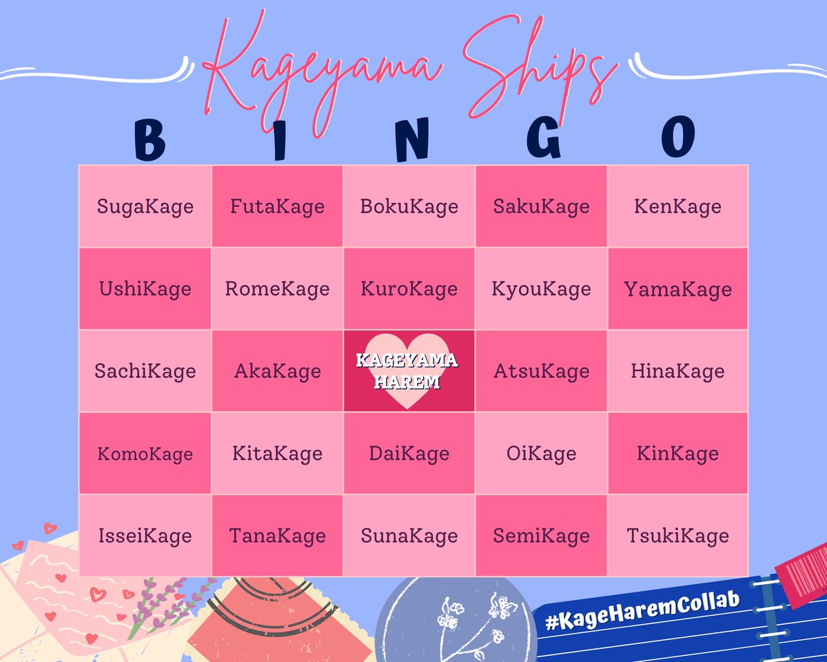 KageharemCollab's tweet photo. The wind is rising and love comes in. 

For the first bingo card, mark all of the KageShips that you love and let's see if you can do blackout bingo! For the second bingo card, choose or do every KageShip that you marked and mark the prompts that you think can fit them! https://t.co/o6u4af9hrJ