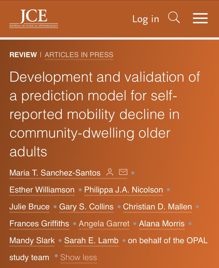 jxbruce's tweet photo. New paper on predicting mobility decline by Maria Sanchez &amp; OPAL team @esther_will @pip_nicolson @SallieLamb18 @RRIO_news @GSCollins 👏@UniofOxford @WarwickCTU https://t.co/Ne3Hm7Wrlb