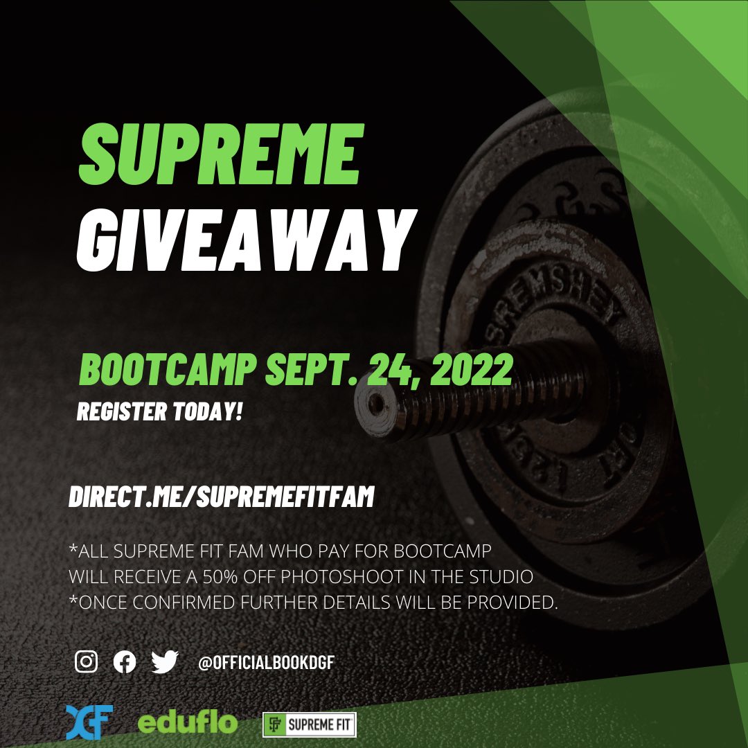 EduFloInc's tweet photo. Come join @officialbookdgf , @officialedufloinc , and @supremefitfam for the
SUPREME GIVEAWAY BOOTCAMP
Sept 24, 2022
Register Today.
All who register and pay will receive 50% OFF a studio Photoshoot!
#BookDGF #GetRightOrGetLeft #Photoshoot #FitFam #SupremeFit #EduFloInc https://t.co/gN3X8gvT95