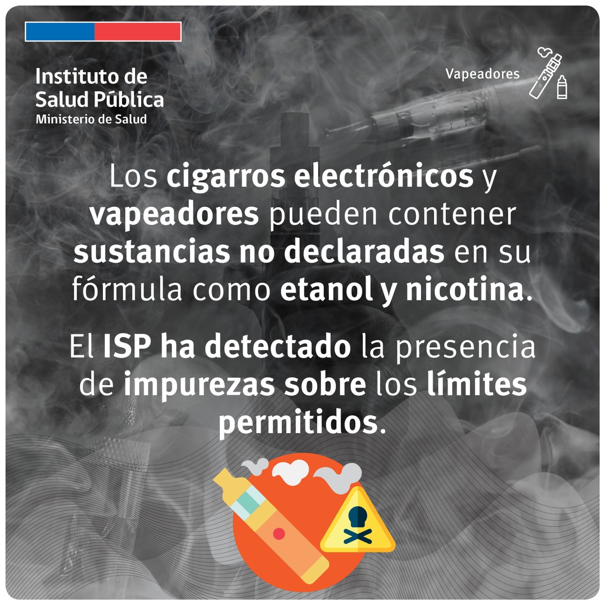 ispch's tweet photo. El Instituto de Salud Pública de Chile llama a la población a no utilizar cigarrillos electrónicos o vapeadores, dado que pudieran contener sustancias potencialmente dañinas

Más información en: https://t.co/aJodKpLIk4 https://t.co/a69fBwlBZt