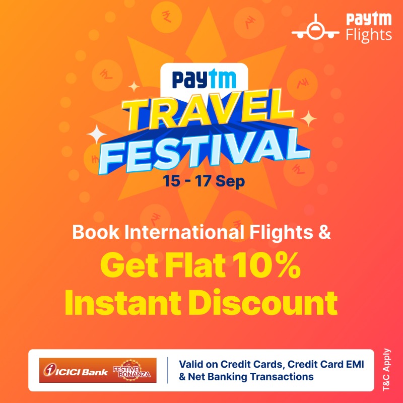 PaytmCheckin's tweet photo. 🎁 Paytm Travel Festival Sale is Live 🎆 now, come back later to say thanks 🙌

Hurry 🏃 to not miss out on lots of airfare ✈️ savings 💸 with your trusted banks! 🏦

#travelkaro #paytmkaro #savekaro
@ICICIBank
