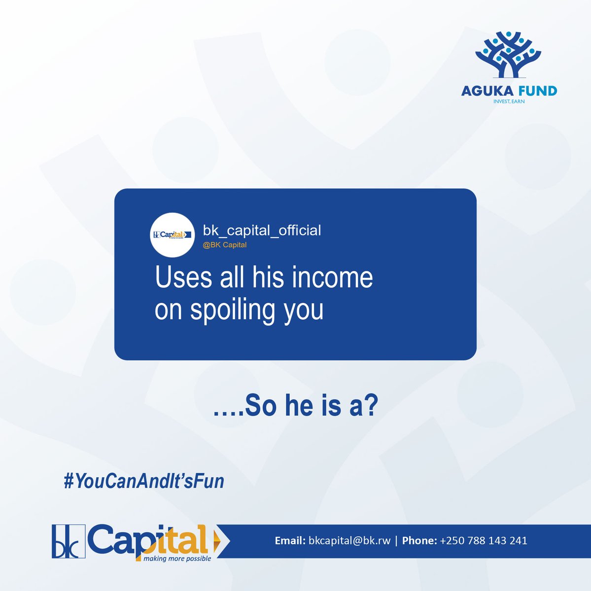 bk_capital's tweet photo. So he is a ?
Letโs assemble here and settle this once and for all!
#SheIsA10 #HeIsA10
#YouCanAndItsFun
#AgukaTrustFund #Investment #MoneyMatters #BKCapital #BKGroup #InvestingForOurFuture #AchieveFinancialFreedom #InvestInRwanda https://t.co/B3NsxoGNJl