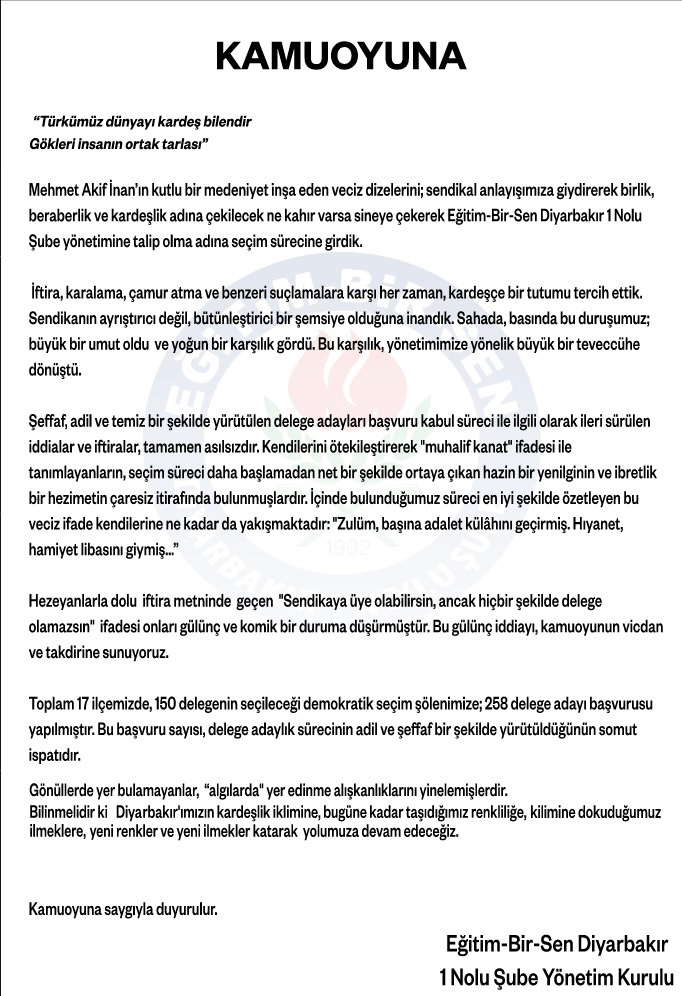 Diyarbakır'ımızın kardeşlik iklimine, 

bugüne kadar taşıdığımız renkliliğe, 

kilimine dokuduğumuz ilmeklere, 

yeni renkler ve yeni ilmekler katarak 

yolumuza devam edeceğiz..