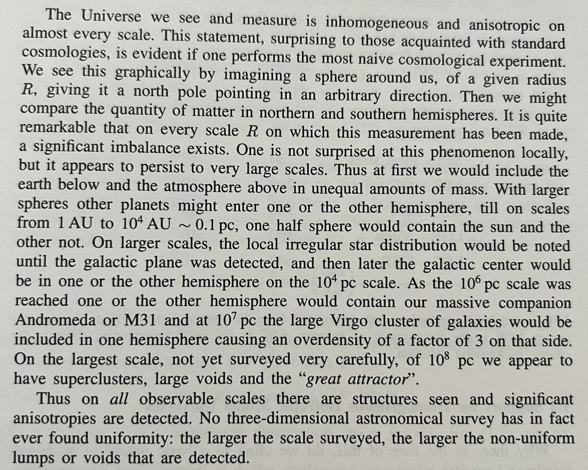 satellitegalaxy's tweet photo. The universe we see and measure is inhomogeneous and anisotropic on almost every scale. Why do we cling on to a model where the universe is smooth and instead suppose that fluctuations are local phenomena - details to be gotten past? (Ostriker 2003) 

“Because it works well” https://t.co/ciz0UcPE93