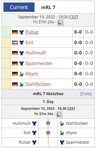 Heute gibts die ersten Spiele aus Liga 10 und Liga 7 zu sehen. Mit dabei u.a. <a href="/mintcrystall/">Mintcrystall</a> <a href="/Hullimulli/">Hullimulli 📯</a> <a href="/StahlbolzenSC2/">StahlbolzenSC2</a> <a href="/VFish_Abyss/">Moritz Crome</a> 

twitch.tv/sc2de