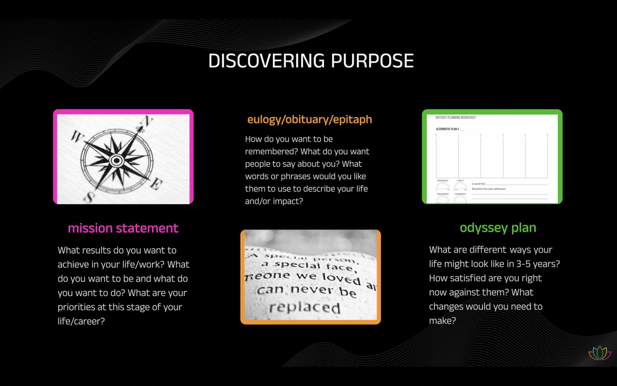 We don't *find* our purpose...it is discovered or revealed. Three exercises that can help: 1. a personal mission statement 2. writing our own eulogy or obituary 3. crafting an odyssey plan #emotionalintelligence #selfawareness #purpose #clarity