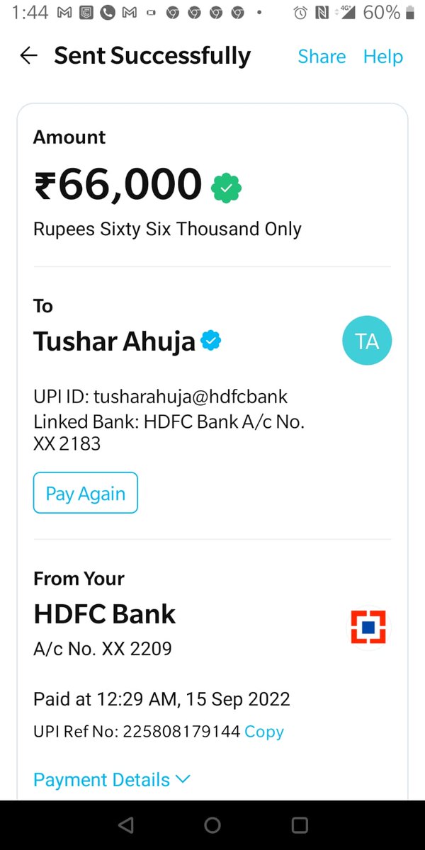 tusharrahujaa's tweet photo. @HDFC_Bank @HDFCBank_Cares @Paytm @Paytmcare  @RBI @RBIsays @DelhiPolice 

This is to bring to your information that my account has been wrongly debited by Rs. 66,000  by using UPI/Paytm app as under;

UPI-TUSHAR AHUJA-tusharahuja@hdfcbank-HDFC0000271-225808179144-NA 
(1/3) https://t.co/fGJUndXQ18